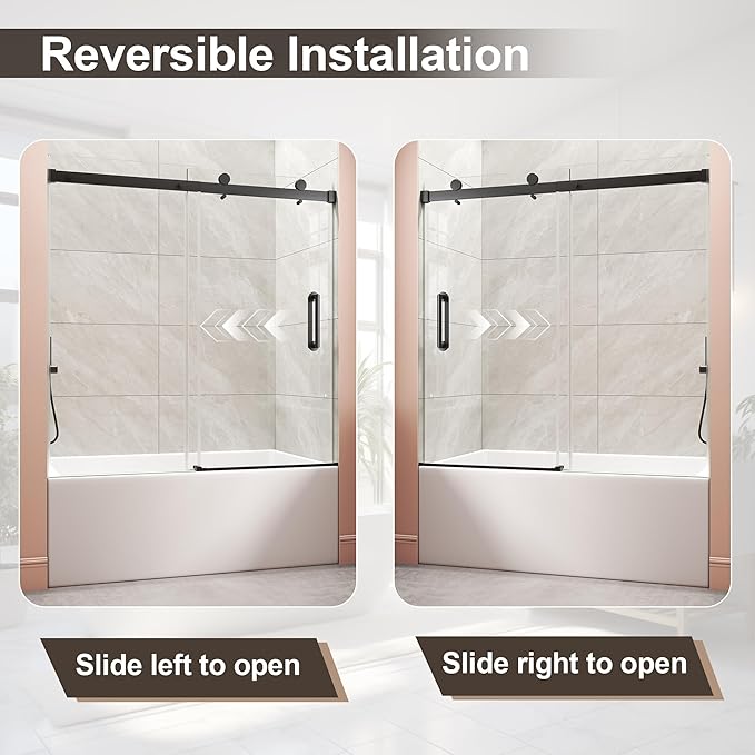 Frameless Bathtub Shower Door, Tub Sliding Door with Nano Coating & Safety Film, 1/4" (6mm) SGCC Tempered Glass，Adjustable 55"-60" W x 60" H, Matte Black