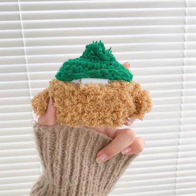 Yatchen Plush Case for AirPods 1&2,Kawaii Cute 3D Cartoon Fur Teddy Dog with Green Hat Sunglasses Funny Furry for Airpods 2nd 1st Generation Cover with Keychain Protector Women Girls