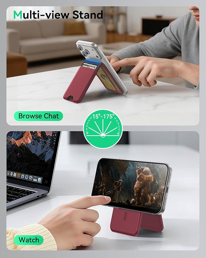 for MagSafe Wallet with Stand, 5 Card Holder, Slim Leather Magnetic Wallet for iPhone 17/16/15/14/13/12 Pro Max Plus Air Series, 3 Card Slots & 1 Cash Slot,WineRed