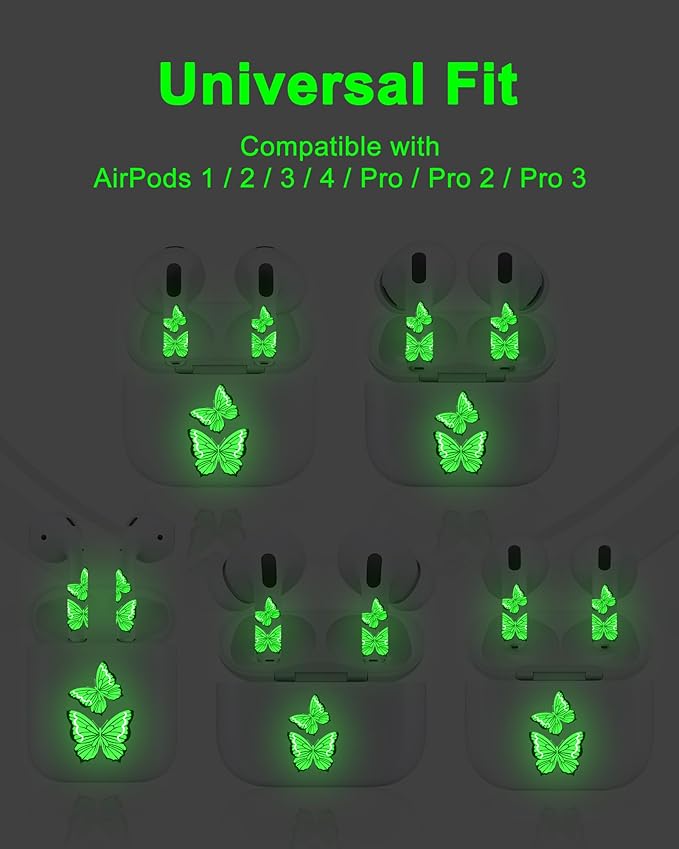 ROCKMAX for AirPods Glow in The Dark Skin Set, Butterfly Earbud + Charging Case Stickers with Applicator & Spare, Universal Fit for AirPods 1/2/3/4 & Pro/Pro 2/Pro 3, Sweat-Resistant, Removable