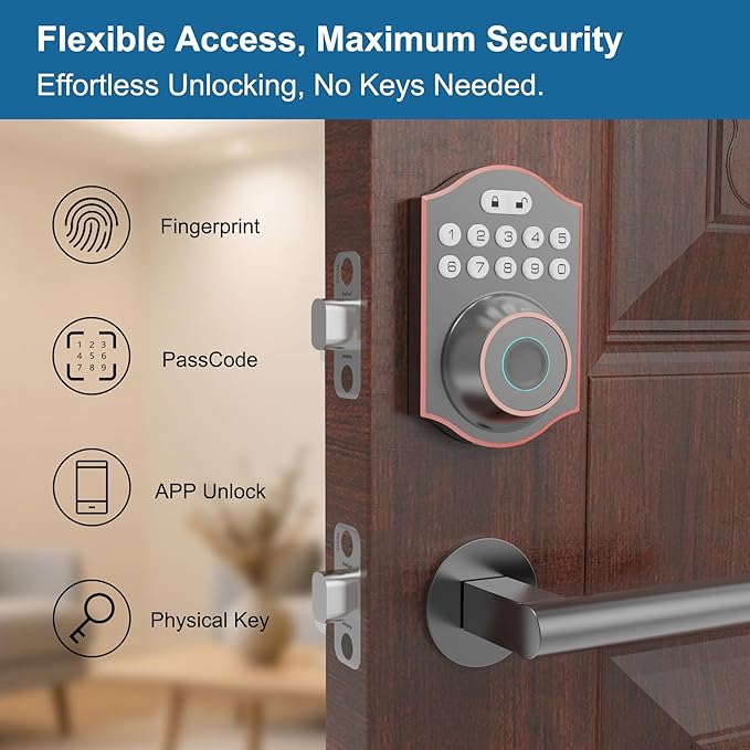 Fingerprint Smart Door Lock Keyless Entry, Keyless Entry Door Lock with Keypad, App Control, Auto Lock, Easy to Install, Smart Deadbolt for Home, Airbnb, Apartment (Antique Bronze)
