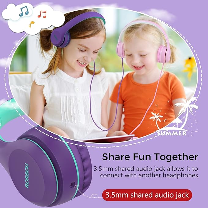RORSOU K5 Kids Headphones with Microphone for shchool, Volume Limiter 85/94dB, Foldable Stereo Tangle-Free 3.5mm Jack Wired Cord On-Ear Headphones for Children/Boys/Girls/Kindle/Tablet/MP3/4 (Purple)