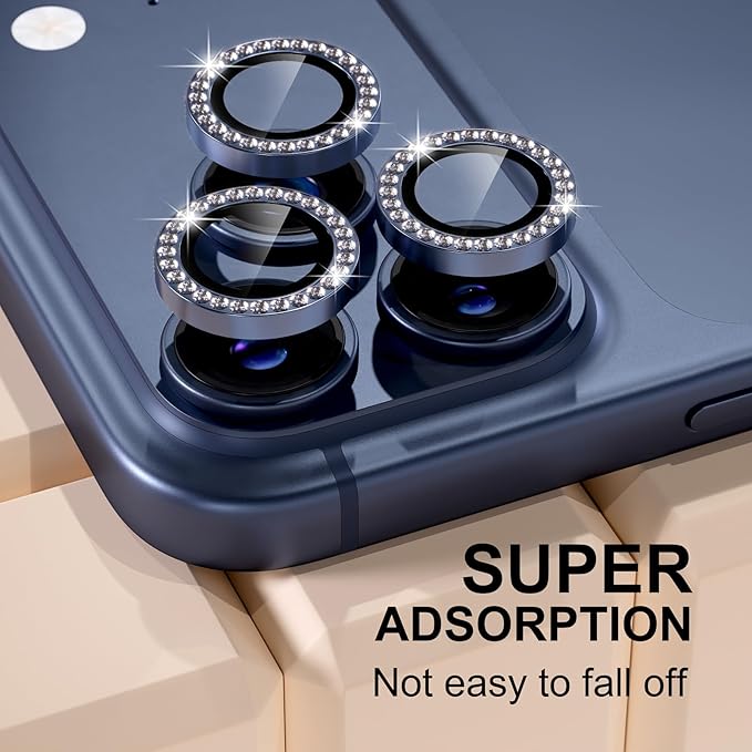 Misea Compatible for iPhone 17 Pro/iPhone 17 Pro Max Camera Lens Protector Bling, 9H Tempered Glass Camera Cover Screen Protector Metal Individual Ring Decoration Accessories, Blue Diamond