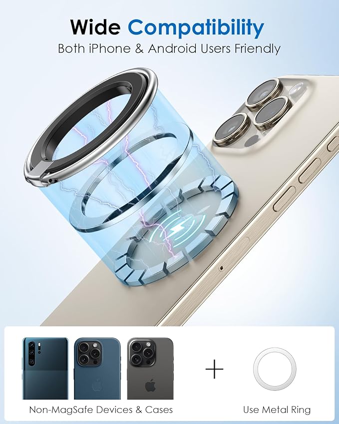 Magnetic Cell Phone Ring Holder Stand - 180° Rotating Finger Ring Kickstand, Premium Polished Metal Grip, Compatible with Magnetic Car Mounts. Ideal for iPhone 15/14-Must-Have Phone Accessory