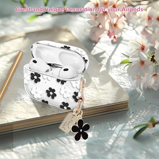 for Airpods Pro 3 Case Clear,Cute Black Floral Design for Airpods Pro 3 Case Cover,Shockproof Soft TPU Skin Accessories with Girly Flower Keychain&Cleaning Pen for Women Girls