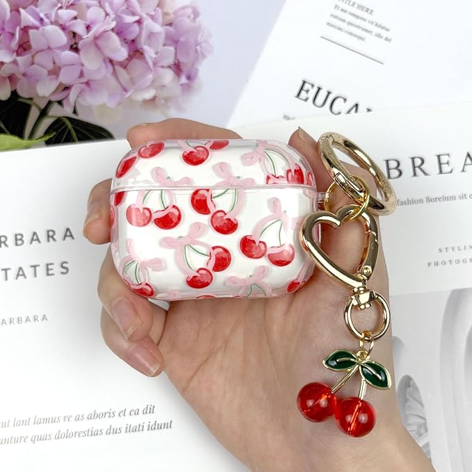 Compatible with AirPods Pro 2 Case Cover 2022, Soft TPU with Cute Flower Pattern for AirPods Pro 2nd/1st Generation Case with Flower Keychain and Carabiner for Girls Women (Cherry)