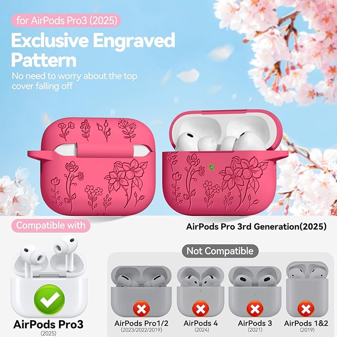 for Airpods Pro 3 Case, Flower Engraved Case Cover Compatible with AirPods Pro 3rd Generation 2025, Soft Silicone Cases with Cute Keychain & Cleaner for Women Girly, Shockproof