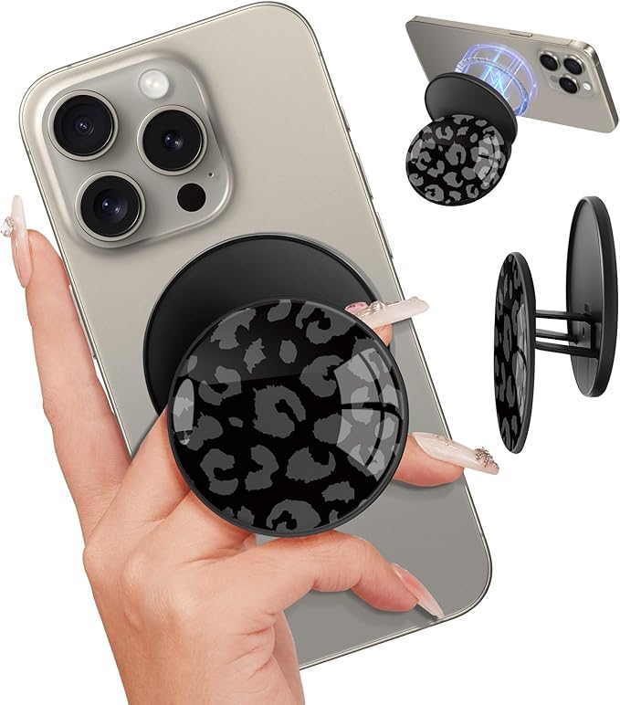 Kidcube Magnetic Phone Grip Compatible with Magsafe - Cell Phone Grip Stand Magnetic Ring Holder Finger Kickstand for iPhone 17 16 15 14 13 12 Series Magnet Removable Accessories Cute Black Leopard