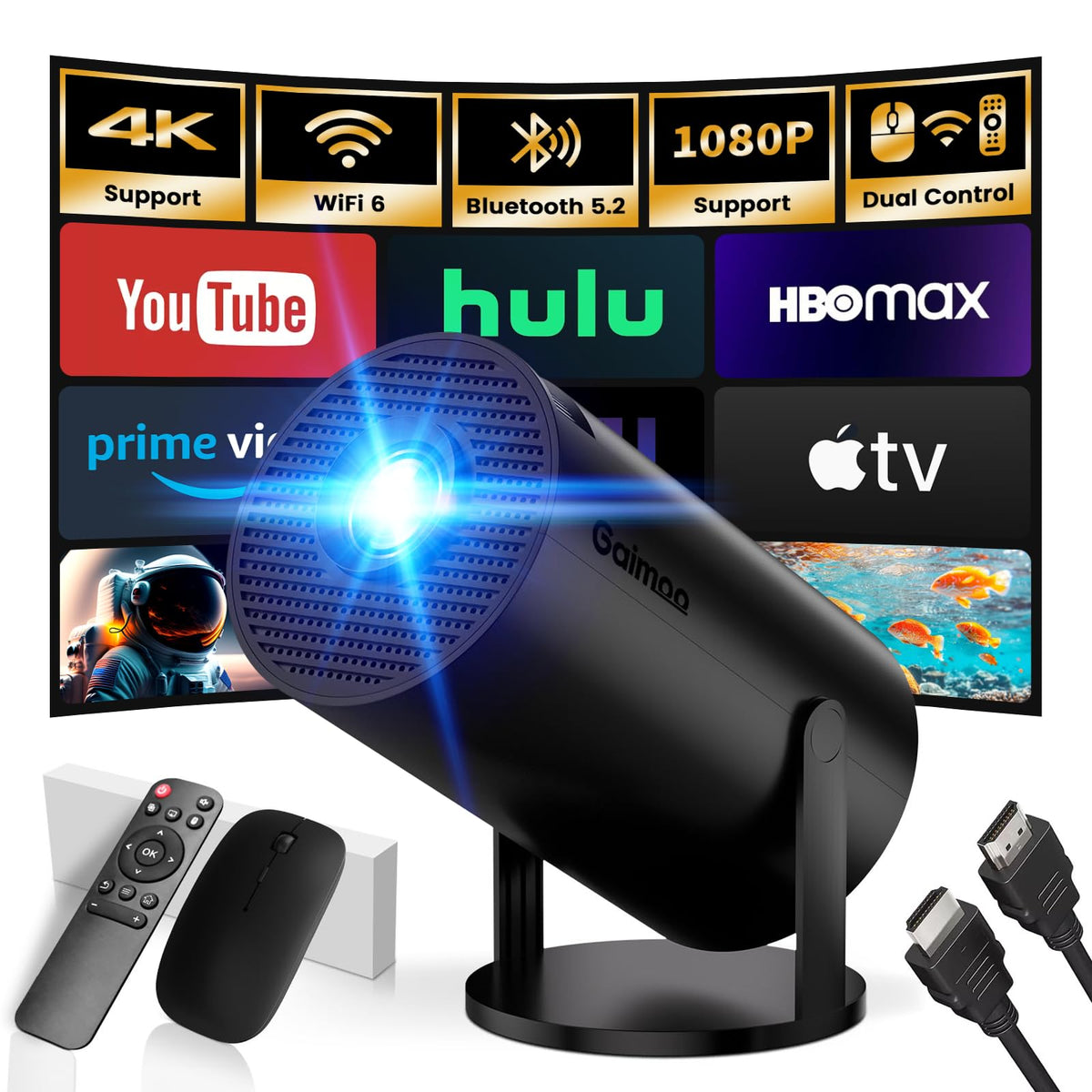 Mini Projector Support 4K 1080P FHD Portable Projector Built-in App