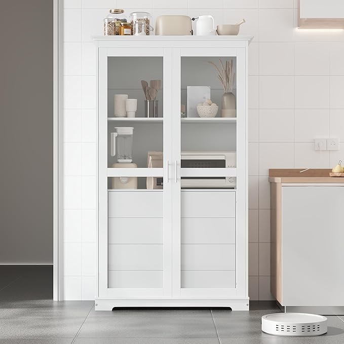 Kitchen Pantry Cabinet 44.7Wx20Dx75H inch, Freestanding Storage Display Cabinets with Glass Doors and 4 Built-in Drawers for Living Room, Home Office,White