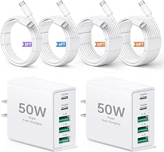 2-Pack 50W USB C Wall Charger, 5-Port PD Fast Charging Block with 3/6/10/10FT USB C Cables, Multiport Type C Power Adapter for iPhone 17/16/15/14/13 Pro Max, iPad, Switch, Samsung Galaxy S26/S25 Ultra - Image 1