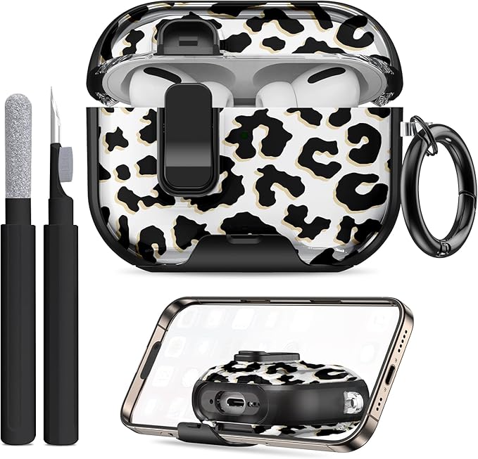 Compatible Airpods Pro 3 Case (2025) with Phone Stand & Cleaner Kit,Cute Soft Silicone Lock Clip Apple AirPods Pro 3rd Generation Case, Airpod Pro 3 Cover with Keychain for Women/Girls,Leopard Print