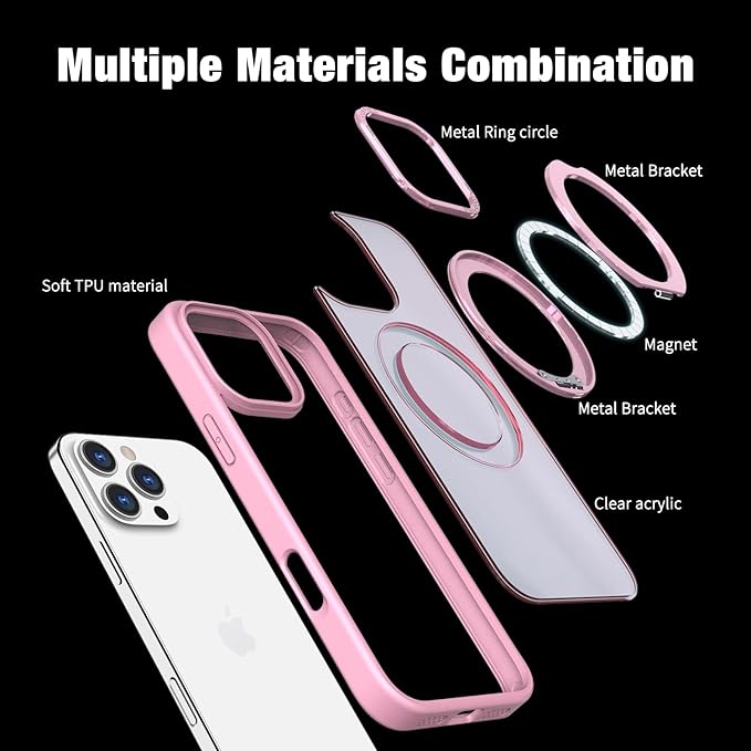for iPhone 16 Pro Max Case with Screen Protector & Lens Protector [15 FT Military Drop Protection] Magnetic Kickstand Compatible with MagSafe Slim Translucent Case (Sakura Pink)