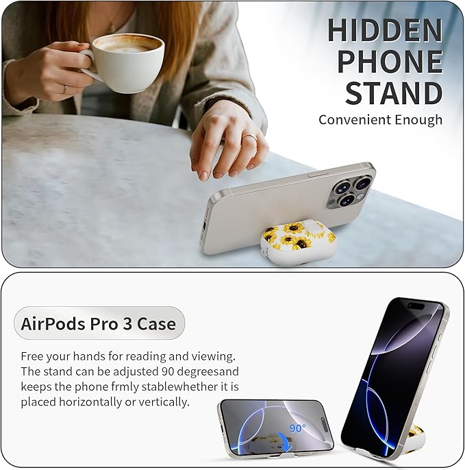 for AirPods Pro 3 Case(2025) with Secure Lock Clip and Phone Stand,Floral Girly Style Protective Cover with Cleaning Kit and Hand Strap for Apple AirPod Pro 3 Generation (White Sunflower)