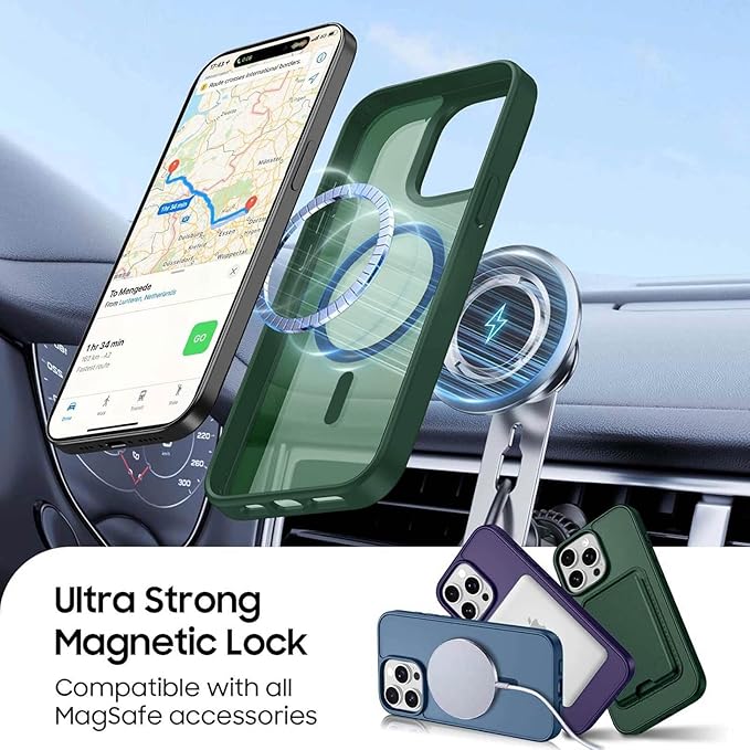 Magnetic for iPhone 12 Pro Max Case with Card Holder, Compatible with MagSafe, Slim Shockproof Phone Cover with Detachable Wallet, Built-in Magnet Ring, Green