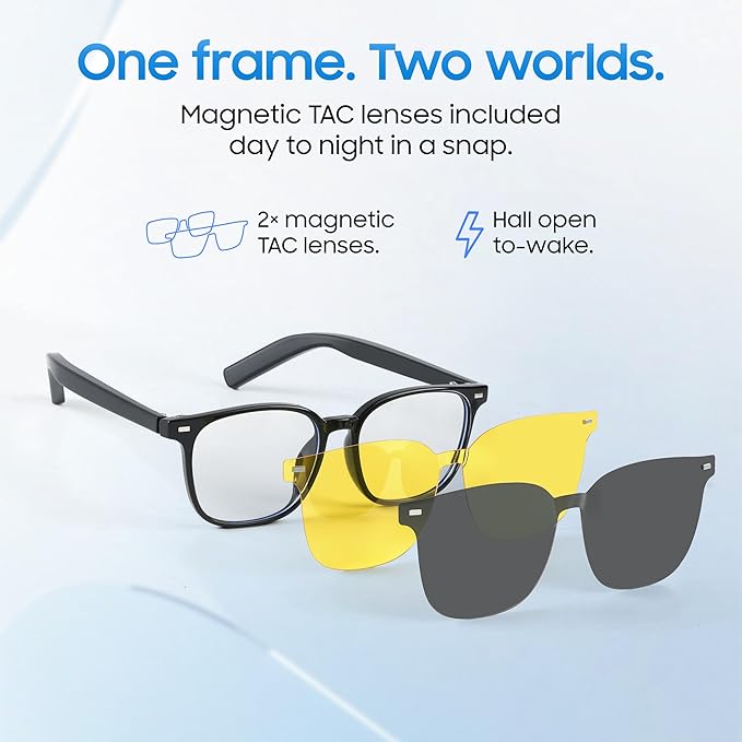 LIMU Gen 5 Smart Glasses. Al Glasses with Real-Time Al Interpreter Open-Ear Bluetooth Glasses with Speakers. Hall-Sensor Auto On/Off, Magnetic Lenses (Black & Yellow, TRGO Frame for Women & Men