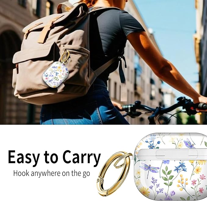 Cute Hard Case Compatible with AirPods Pro 3rd Generation Case (2025), Shockproof Protective Cover with Golden Keychain Ring Clip (Watercolor Flowers)
