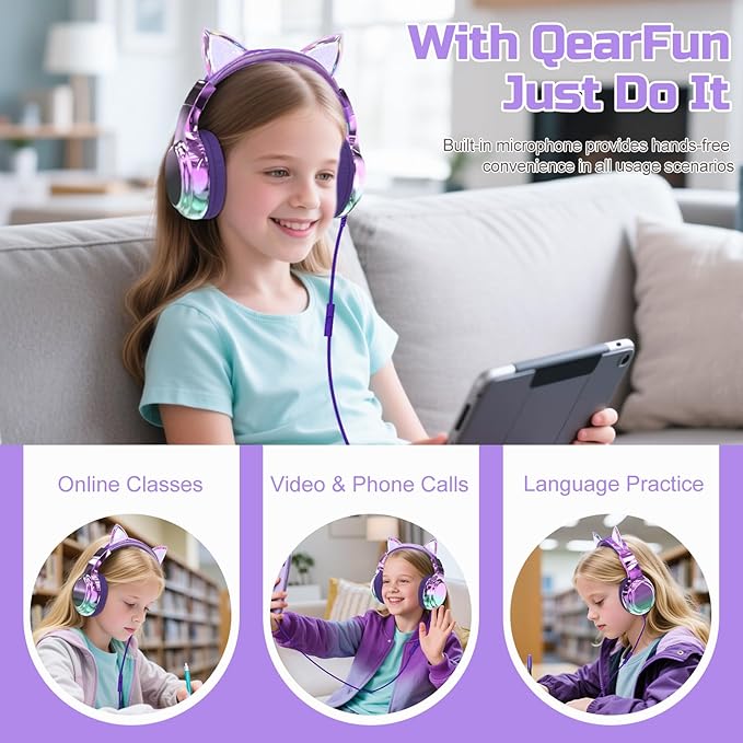 QearFun Kids Cat Ear Headphones Wired with Mic, 85/94dB Safe Volume Limit, Sparkly Wired Headset, Foldable, Sharing Port & Tangle-Free Cord for School, Chromebook, Tablet, Travel, Boys & Girls