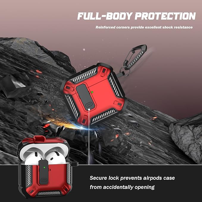 RFUNGUANGO for AirPods 4th Generation Case, Compatible with AirPods 4th Generation Case (2024), Locking Function, Military-Grade Drop Protection, with Cleaning Kit-Red