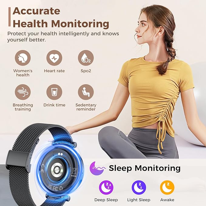 Smart Watch for Women, 1.19" AMOLED Display Fitness Tracker Bluetooth Make/Answer Call, Watches with 110+ Sports Modes/Heart Rate/SpO2/Sleep Monitor, Smartwatch IP68 Waterproof for Android iOS