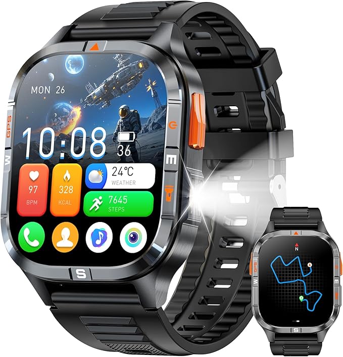 Military GPS Smart Watch for Men with Compass/Altitude/Flashlight，2.01" HD Screen smart watch with Voice Assistant/Bluetooth Calling，Smartwatch for Android&iOS, Activity Tracker Multiple Sport Modes