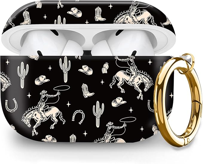 Cute Hard Case Compatible with AirPods Pro 2nd/1st Generation, Protective Cover with Golden Keychain, Fits 2023/2022/2019 Models, for Women, Girls, and Men(Cute Cactus Cowboy)