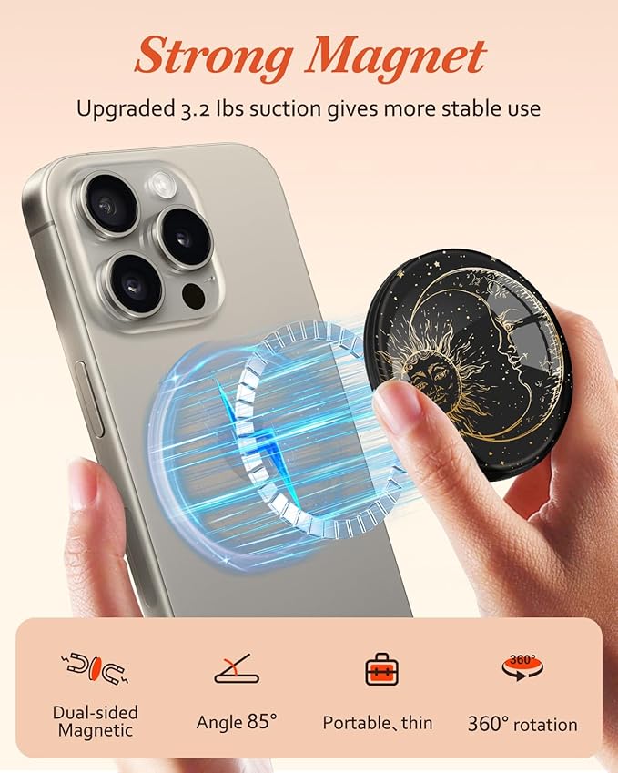 Kidcube Phone Grip Compatible with Magsafe - Magnetic Phone Grip Stand Cute Sun Moon Finger Grip Kickstand Ring Holder Women Girls Compatible with Magsafe Accessories for iPhone 16/15/14/13/12 Series