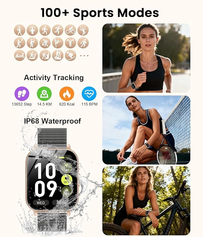 Smart Watch for Women, 1.83" HD Touch Screen Smartwatch, 1000mAh Battery, Bluetooth Calling, Heart Rate, SpO2, Sleep Monitor, 120+ Sports, IP68 Waterproof, 2 Bands Compatible iPhone Android, BlackGold