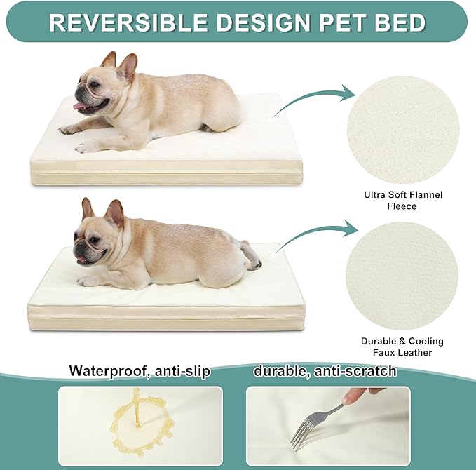 Vonabem Waterproof Dog Beds Medium Sized Dog, Washable Crate Pad 30 inch, Orthopedic Foam Pet Bed with Removable Cover Reversible, Anti-Slip Puppy Kennel Pad, 29"x18", Beige