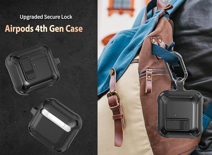 for Airpods 4 Case with Lock Clid, Rugged Apple Airpods 4th Generation Cover 2024 Men Women, Armor Shockproof iPod 4 Gen Protective Hard Shell with Carabiner&Cleaner kit, Black