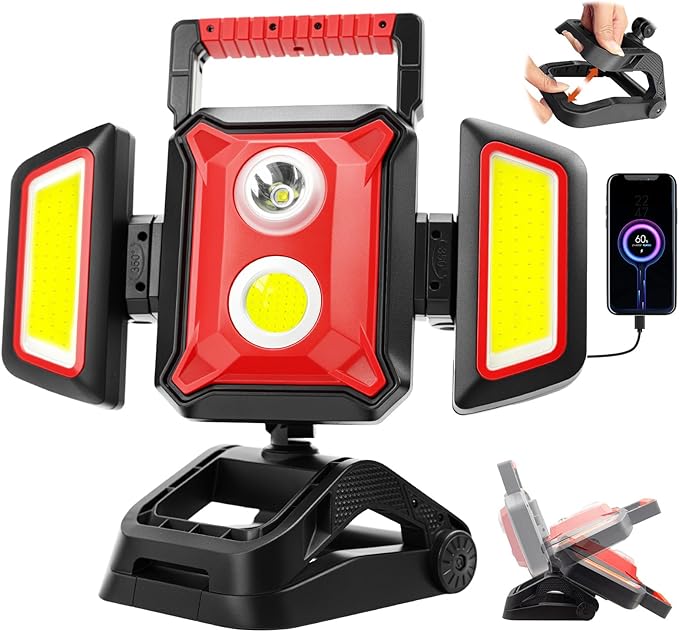 Rechargeable Work Light, 4000LM Magnetic Work Light with Clamp and Tripod Mount, 5 Modes Portable Cordless Flood Light for Outdoor, Construction Site, Workshop, Camping, Car Repairing