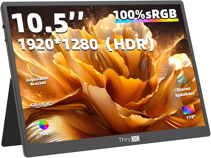 10.5" Portable Monitor, 3:2 1280P FHD IPS Display with HDR10, 420 Nits 60Hz, Dual USB-C & Mini HDMI, Adjustable Stand, Ultra-Slim Mini Screen for Laptop PC Phone Game Consoles Raspberry Pi