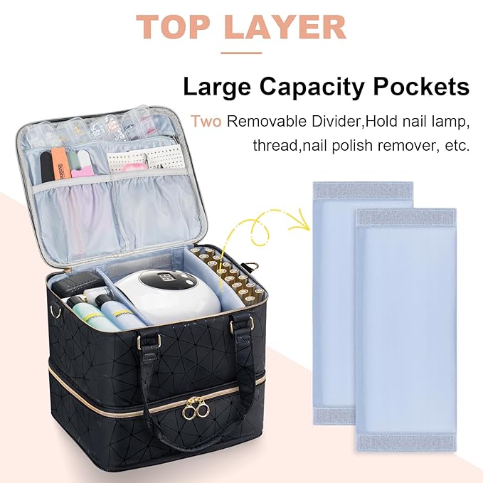Uross Nail Polish Organizer Bag Holds 84 Bottles Nail Polish & Nail Lamp, Gel Nail Polish Organizers and Storage box for Nail Tech, Nail Kit Supplies Organizer Case-Black