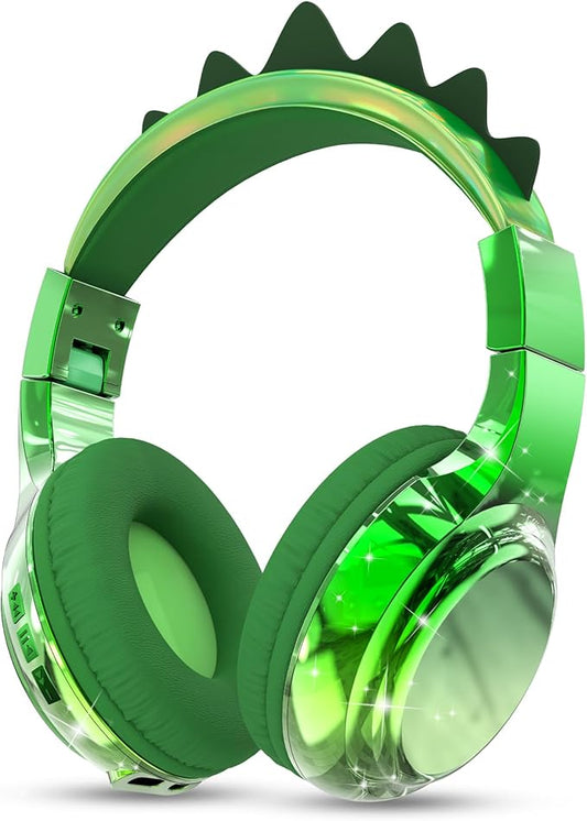 QearFun Kids Dinosaur Bluetooth Headphones, 60H Playtime, 74/85/94dB Safe Volume Limit, Metallic Gradient Wireless Headset with Mic, Fast Charging, Foldable, Wired Mode for Girls School/Tablet/Travel