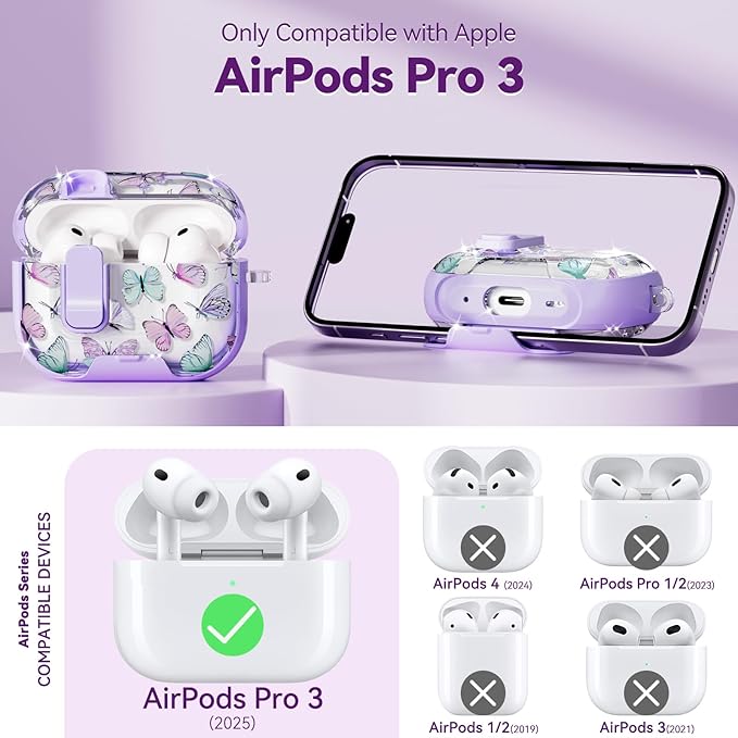 with Safety Lock for AirPods Pro 3 Case 2025,Clear Butterfly Floral Cute Airpods Pro 3rd Generation Case with Phone Stand & Cleaner Kit for Apple AirPods Pro 3 for Women Girly-Purple