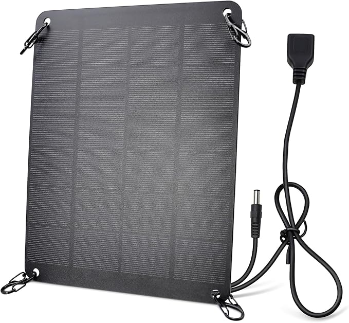 Solar Panel with Metal Hook, 5V 6W High Performance Monocrystalline Module with USB-A Female & DC Male Output, Waterproof Panel for Security Camera,Mobile Phone,Small Fan,Charging Bank,Outdoor
