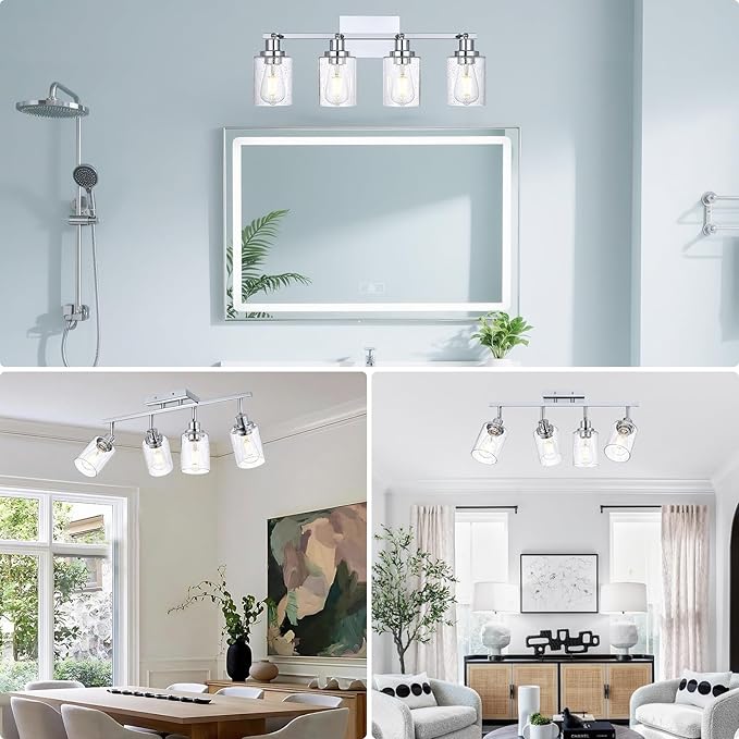 4-Light Multi-Directional Rotating Track Light Fixture Ceiling Track Lighting Heads with Seeded Glass Chrome Track Lighting Kit Bathroom Vanity Light Spotlight Fixtures for Kitchen Accent Shop
