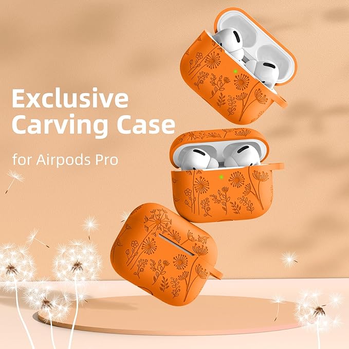 Lerobo Flower Engraved Cover for Airpod Pro 2/Pro Case Cover, Cute Soft Silicone Skin Full Protective case for Airpods Pro 2nd Generation/1st Generation with Keychain Orange