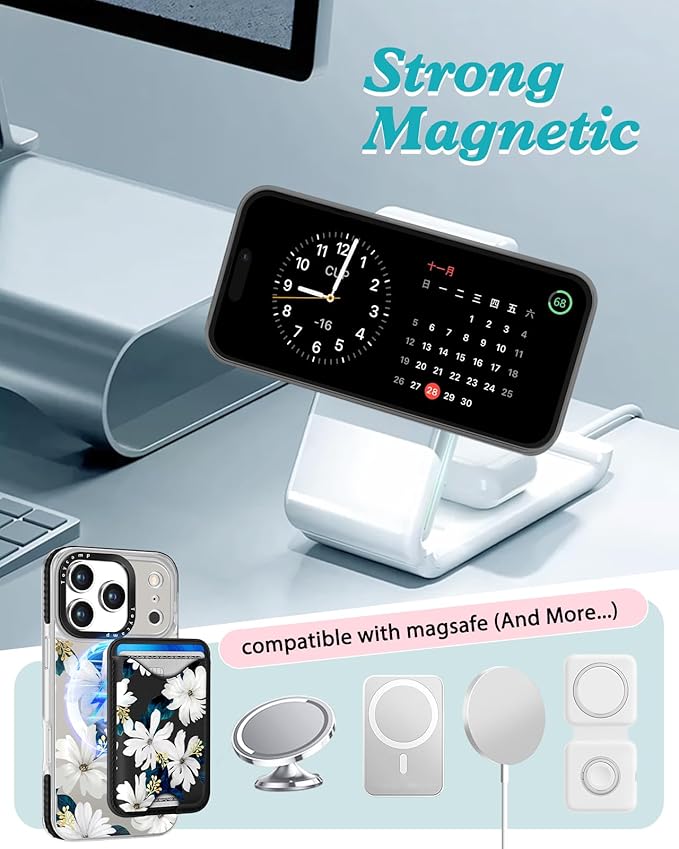 Toycamp for iPhone 17 Pro Case - Compatible with Magsafe Credit Card Holder Wallet Magnetic Cute Women Teen Girls Kawaii Girly Unique White Flower Design Phone Cover for Apple 17 Pro