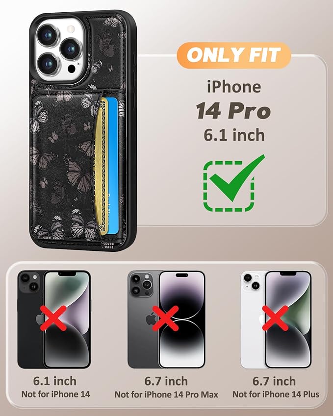 for iPhone 14 Pro Case with Wallet - Fits 4 Card Slots, Compatible with MagSafe for Women Aesthetic PU Leather Credit Card Holder Kickstand Phone Cover for Apple 14 Pro, Black Butterfly