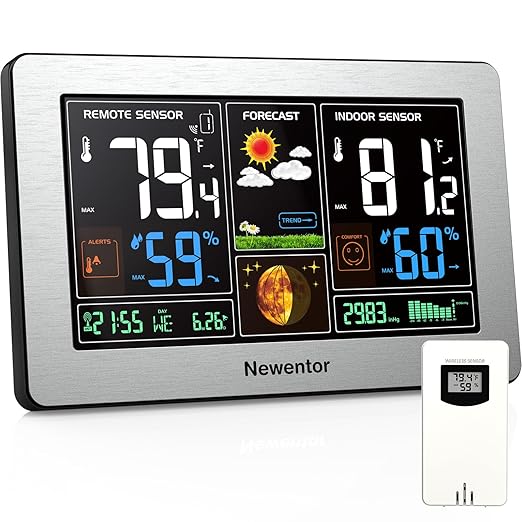 Newentor Weather Station Wireless Indoor Outdoor Thermometer,Sliver,1Sensor