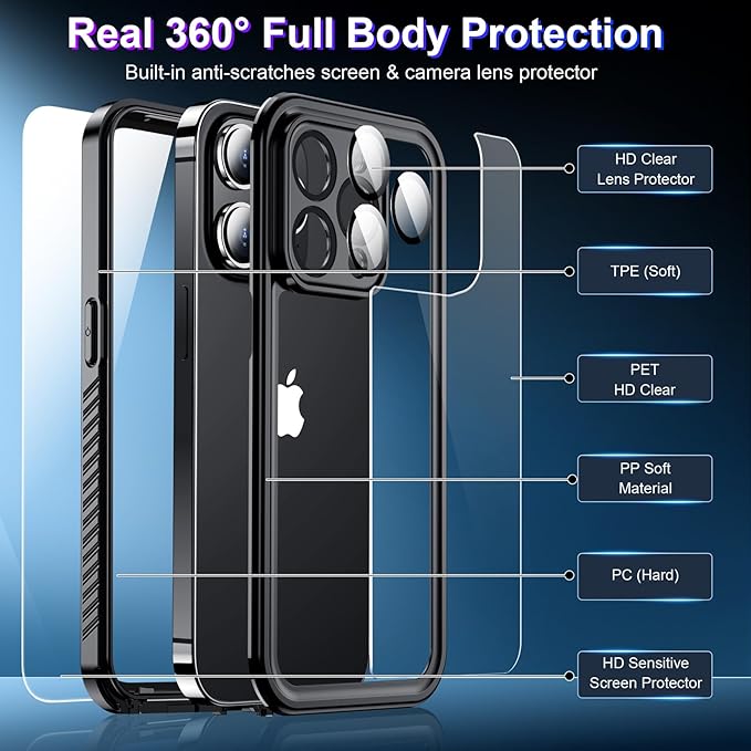 2025 New for iPhone 14 Pro Max Case Waterproof,[Glass Camera Protector & Built-in Screen Protector] [Full Body Shockproof] [IP68 Underwater][Dustproof][Dropproof] Phone Case for iPhone 14 Pro Max 6.7"