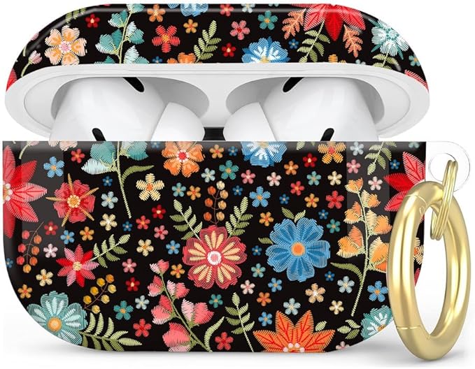 Compatible with AirPod Pro 2nd/1st Generation Case Cover with Key Chain,Full Protective Shockproof Wireless Headphone Case for Airpod Pro 2023/2022/2019(Embroidered Leaves and Flowers)