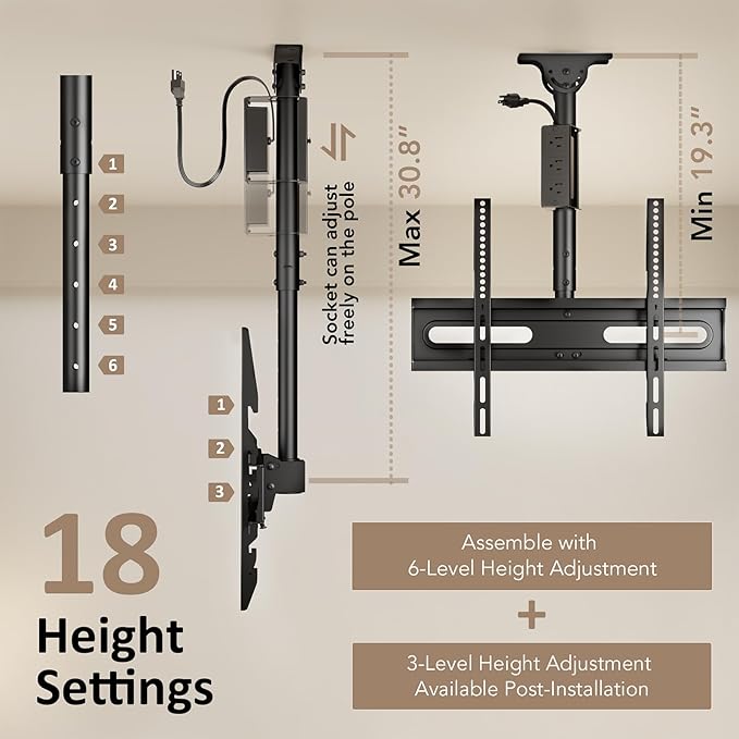 AX WABER Ceiling TV Mount with Power Outlet for 27-65 inch Flat Screen Displays, Max VESA 400x400mm, Hang Adjustable Ceiling TV Bracket Fits Most LCD LED TVs, Pole Ceiling Mount Holds up to 110lbs