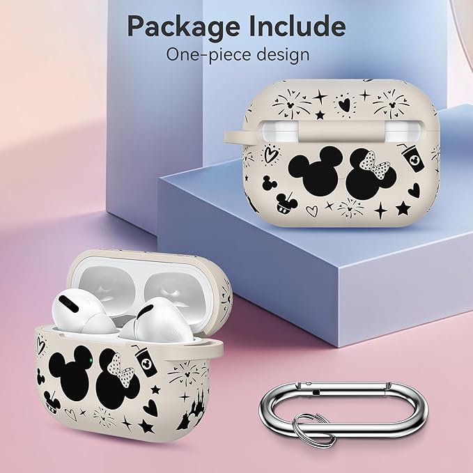 Compatible with Airpods Pro 2nd/1st Generation Case Cover with Keychain, Women Men Soft Silicone Two-Tone Cute Cartoon Engraved Convenience Protective Case, Front LED Visible Starlight/Black