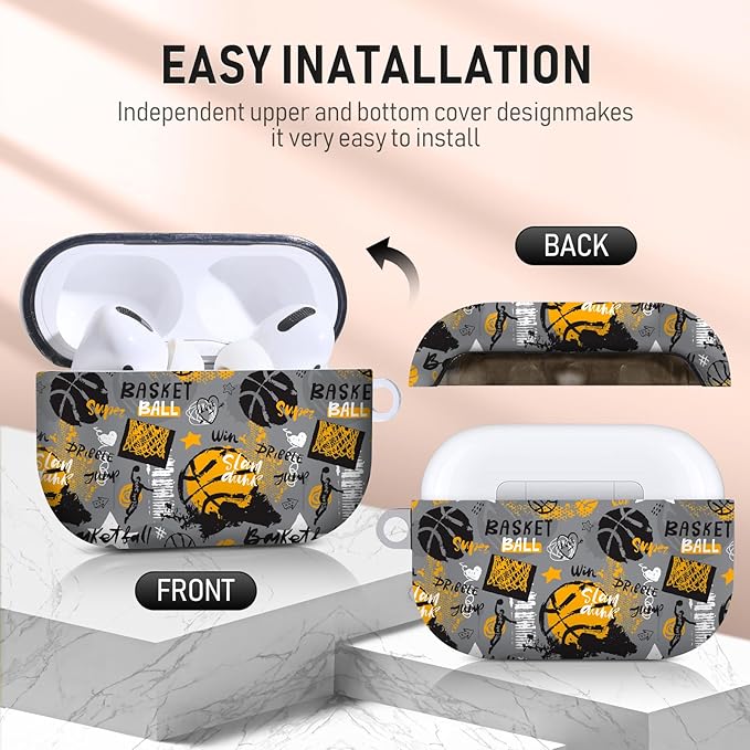 for Airpods Pro Case, Cute Cool Basketball Pattern TPU Soft Cases for Airpods Pro Case 1st Gen, Shockproof for Airpods Pro 2019 Case Men Women with Cleaner Kit & Keychain, Orange