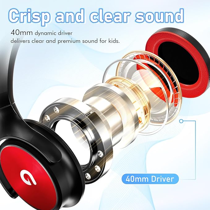 Kids Headphones with Safe 85dB/94dB Volume Limiter for Teen and Boys, Foldable HD Stereo Sound Headset for Kindle Kids/fire Tablet/iPad/Laptop, Headphones with Microphone (Black-red)