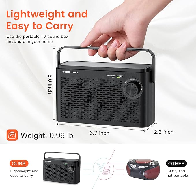 Tosima TV-8000 Wireless TV Speakers- Voice Highlighting TV Speakers for Hard of Hearing, Seniors and Elderly, 1000mAh Rechargable Battery, 8-HR Playtime, 2.4G RF Transimitter, 100Ft Range
