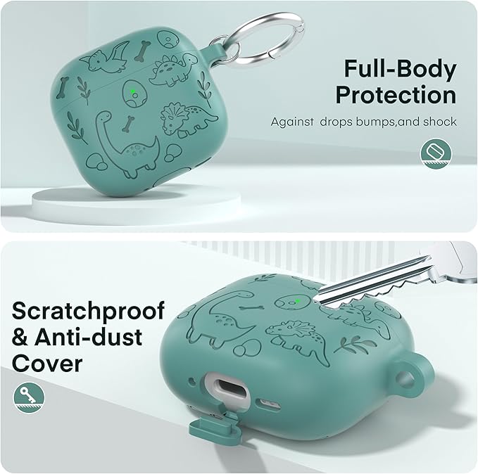 Maxjoy for AirPods 4 Case, Engraved Silicone Cute AirPod 4 Case for Women Men Protective iPod 4 Cover with Keychain Cleaning Kit for AirPods 4th Generation Cover 2024, Dinosaur
