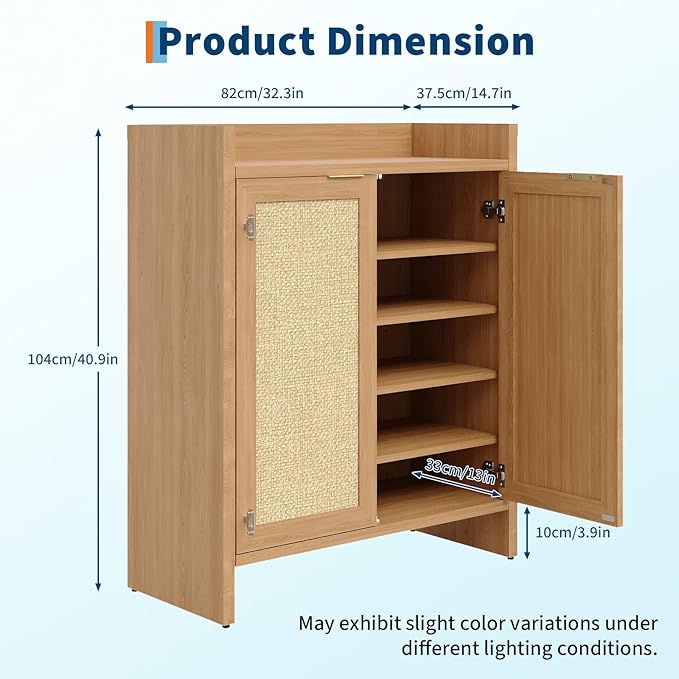 Garvee Rattan Shoe Cabinet for Entryway, Wooden Shoe Rack Freestanding Storage Cabinet with Adjustable Shelves for Living Room Hallway, Dark Oak